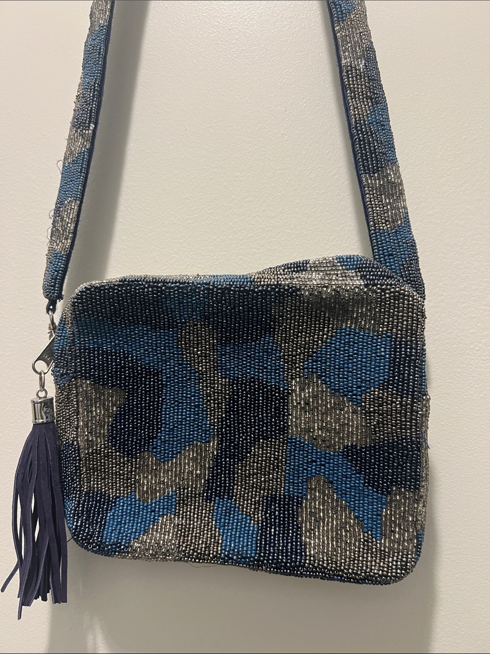 Tiana NY Blue Beaded Camo Crossbody Bag with Tassel